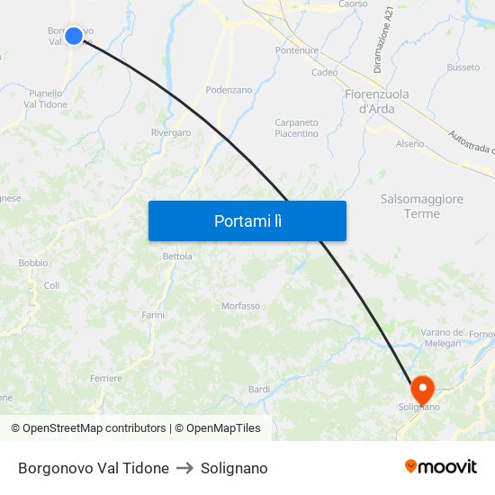 Borgonovo Val Tidone to Solignano map