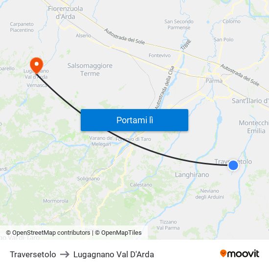 Traversetolo to Lugagnano Val D'Arda map