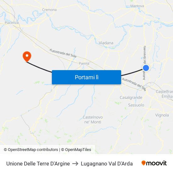 Unione Delle Terre D'Argine to Lugagnano Val D'Arda map
