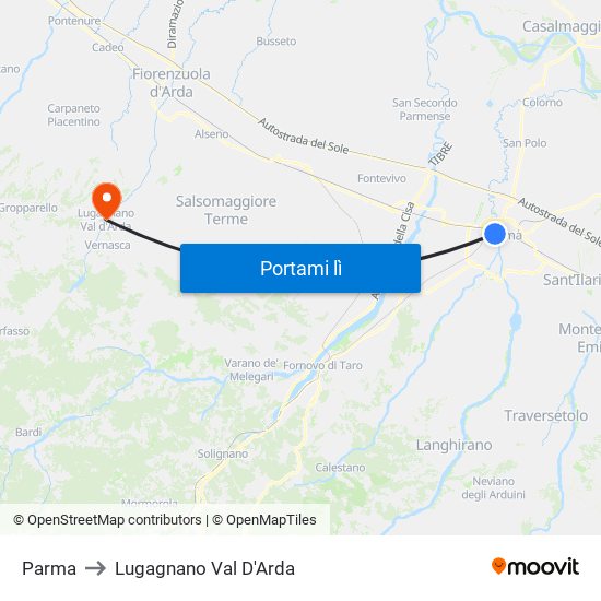 Parma to Lugagnano Val D'Arda map