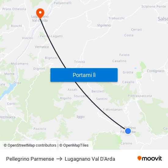 Pellegrino Parmense to Lugagnano Val D'Arda map