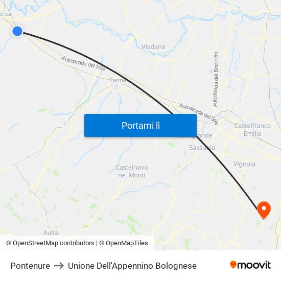 Pontenure to Unione Dell'Appennino Bolognese map