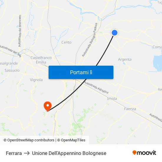 Ferrara to Unione Dell'Appennino Bolognese map