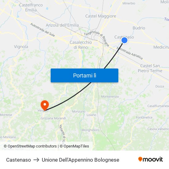 Castenaso to Unione Dell'Appennino Bolognese map