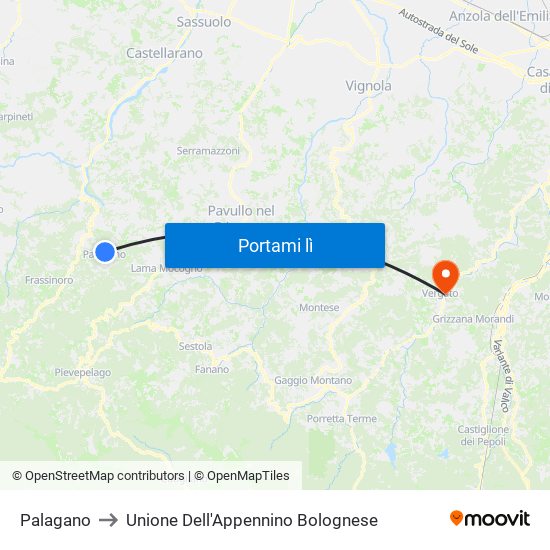 Palagano to Unione Dell'Appennino Bolognese map