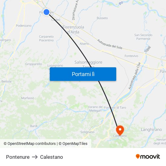 Pontenure to Calestano map