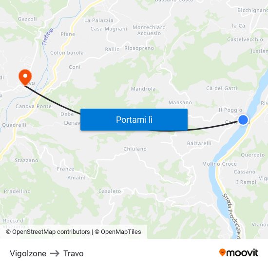 Vigolzone to Travo map