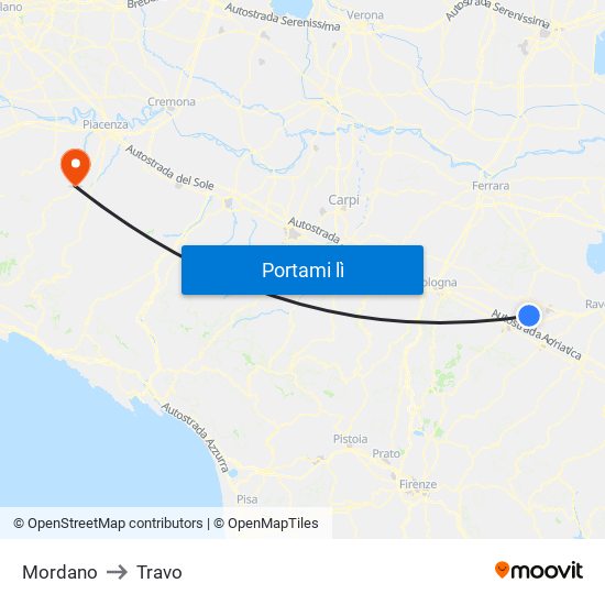 Mordano to Travo map
