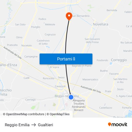 Reggio Emilia to Gualtieri map