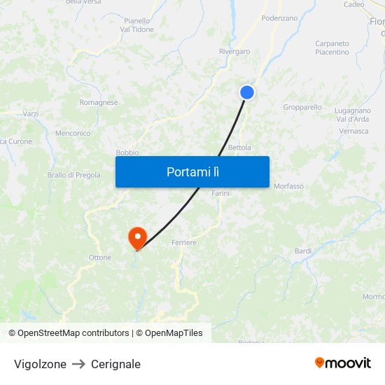 Vigolzone to Cerignale map