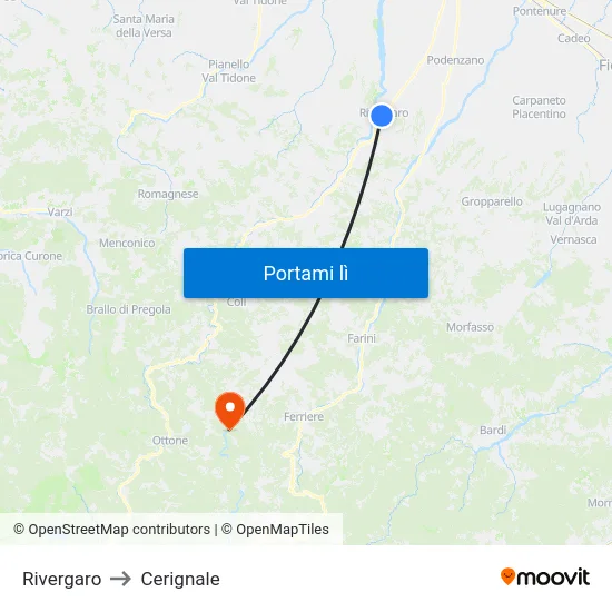 Rivergaro to Cerignale map