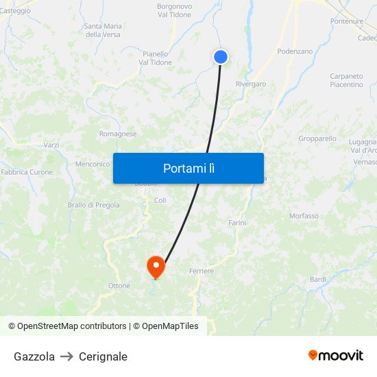 Gazzola to Cerignale map