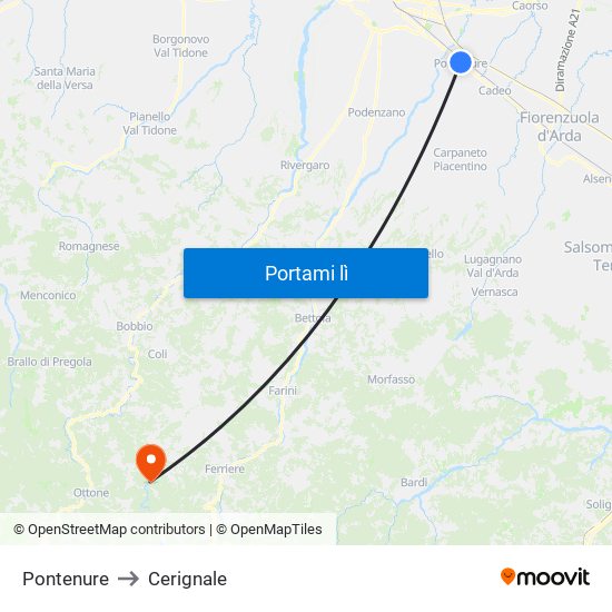 Pontenure to Cerignale map