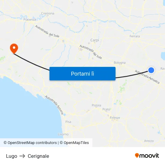 Lugo to Cerignale map
