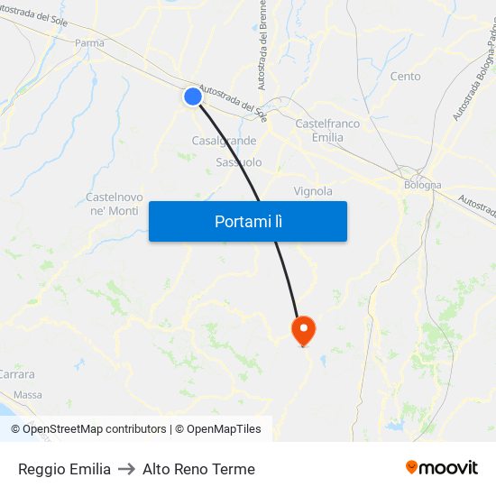 Reggio Emilia to Alto Reno Terme map