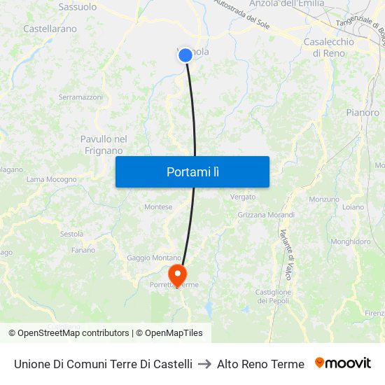 Unione Di Comuni Terre Di Castelli to Alto Reno Terme map