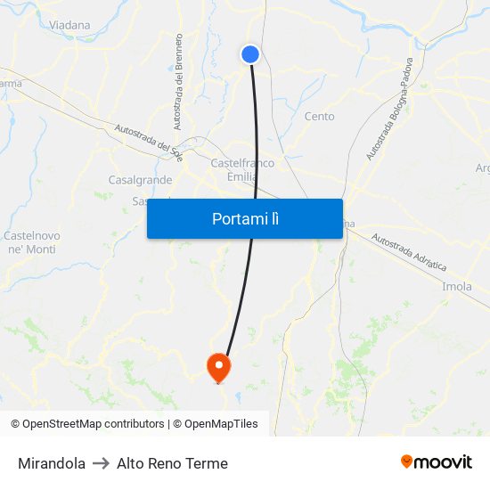 Mirandola to Alto Reno Terme map