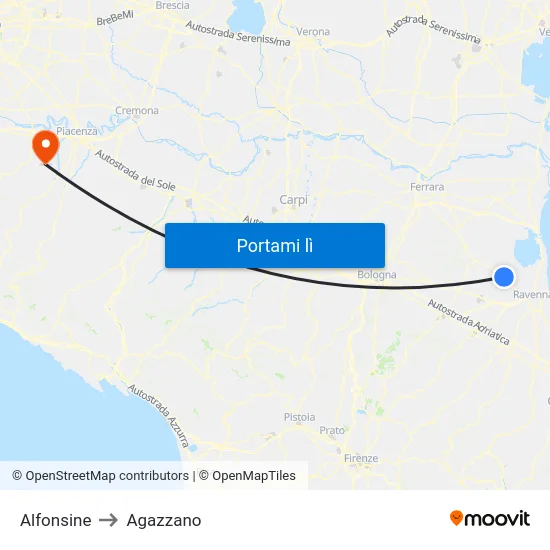 Alfonsine to Agazzano map