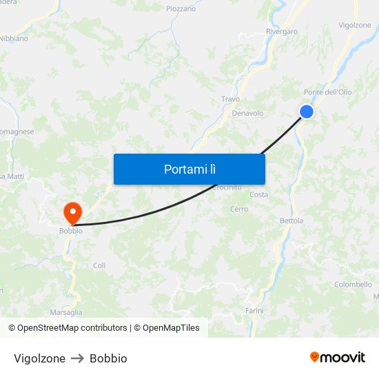 Vigolzone to Bobbio map