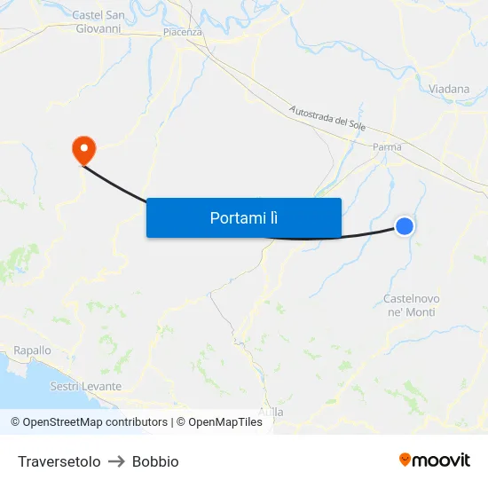 Traversetolo to Bobbio map