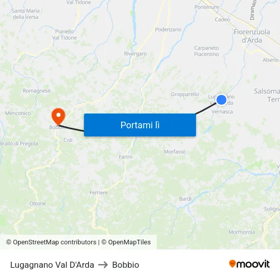 Lugagnano Val D'Arda to Bobbio map