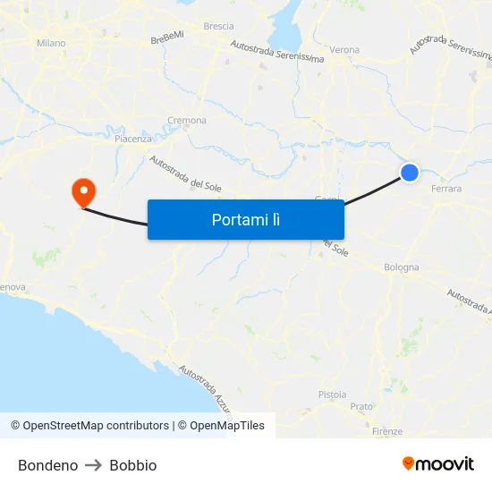 Bondeno to Bobbio map