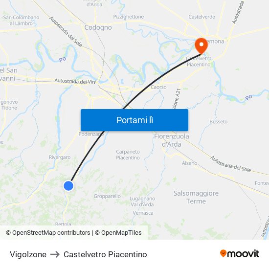 Vigolzone to Castelvetro Piacentino map