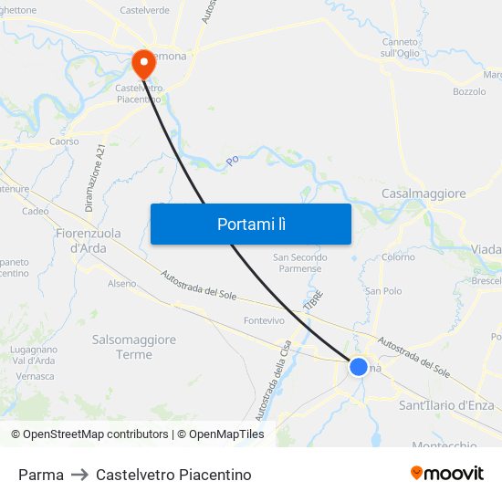 Parma to Castelvetro Piacentino map