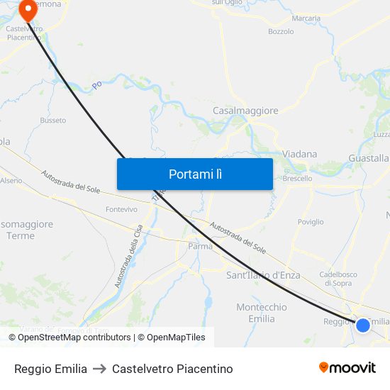 Reggio Emilia to Castelvetro Piacentino map