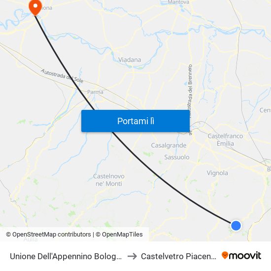 Unione Dell'Appennino Bolognese to Castelvetro Piacentino map