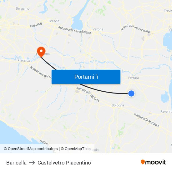 Baricella to Castelvetro Piacentino map