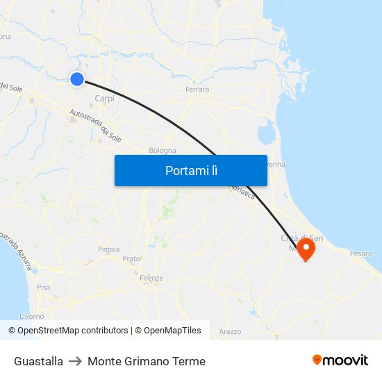 Guastalla to Monte Grimano Terme map