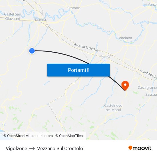 Vigolzone to Vezzano Sul Crostolo map