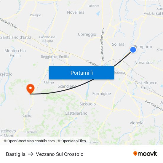 Bastiglia to Vezzano Sul Crostolo map