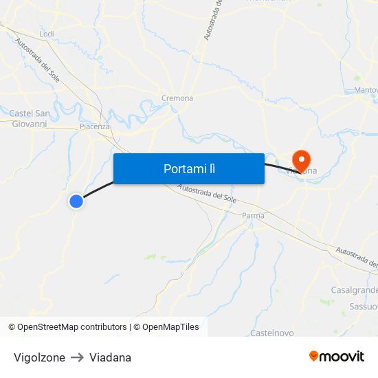 Vigolzone to Viadana map