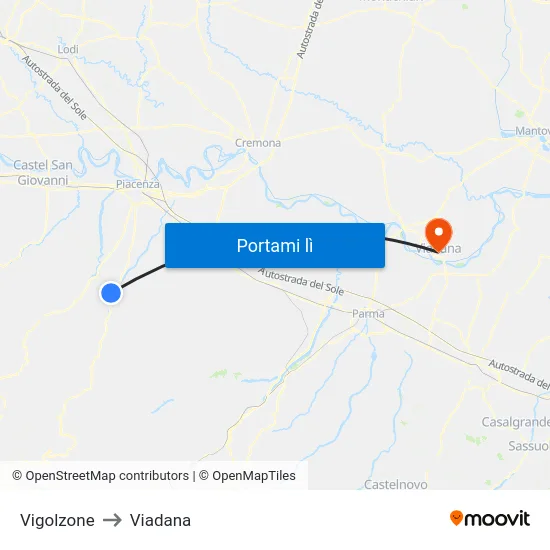 Vigolzone to Viadana map