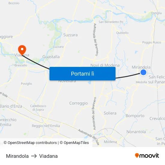 Mirandola to Viadana map