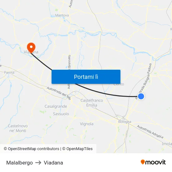 Malalbergo to Viadana map