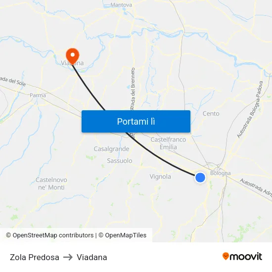 Zola Predosa to Viadana map