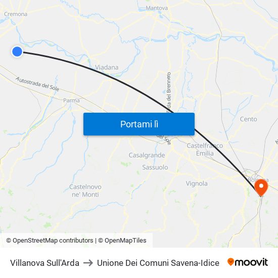 Villanova Sull'Arda to Unione Dei Comuni Savena-Idice map