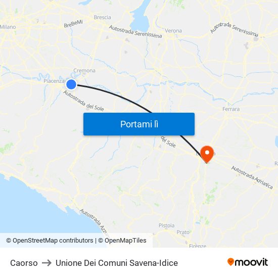 Caorso to Unione Dei Comuni Savena-Idice map