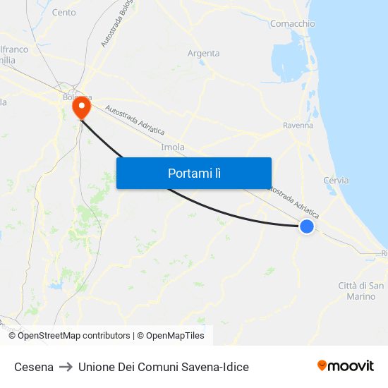 Cesena to Unione Dei Comuni Savena-Idice map