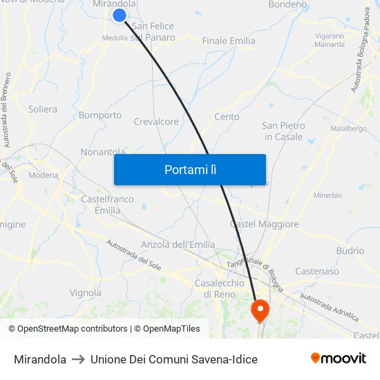 Mirandola to Unione Dei Comuni Savena-Idice map