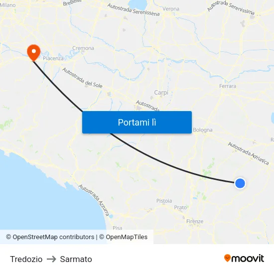Tredozio to Sarmato map