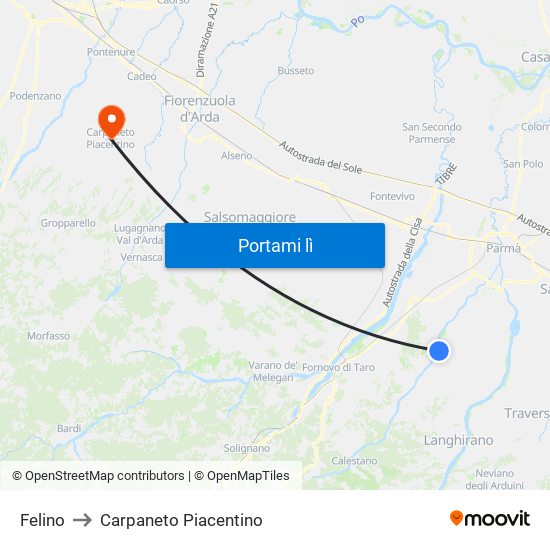 Felino to Carpaneto Piacentino map