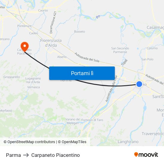 Parma to Carpaneto Piacentino map