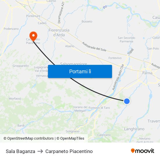 Sala Baganza to Carpaneto Piacentino map