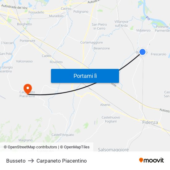Busseto to Carpaneto Piacentino map