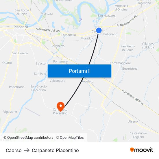 Caorso to Carpaneto Piacentino map