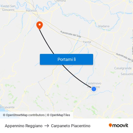 Appennino Reggiano to Carpaneto Piacentino map